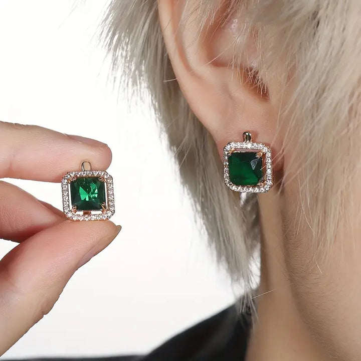 Green Square Zirconia Earrings | Gold