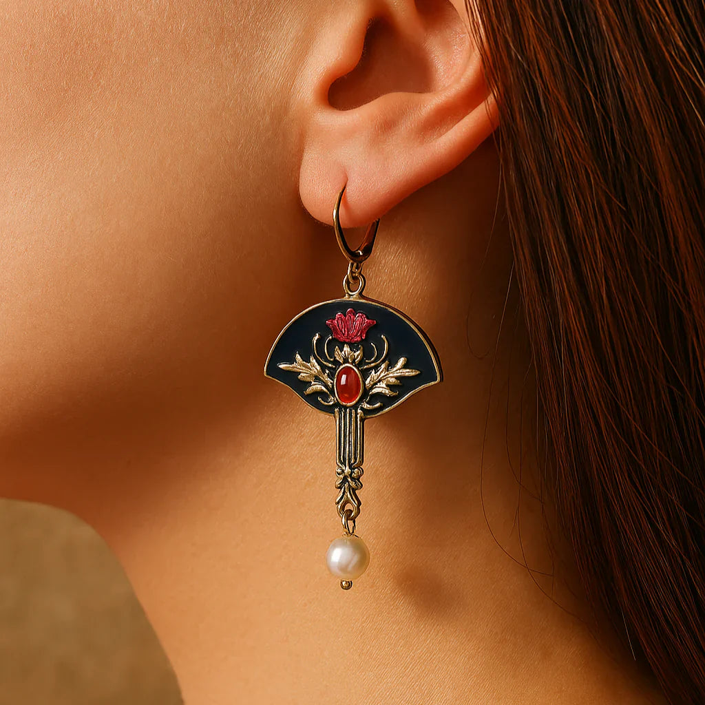 Boho Earrings with Red Pearls and Crystals