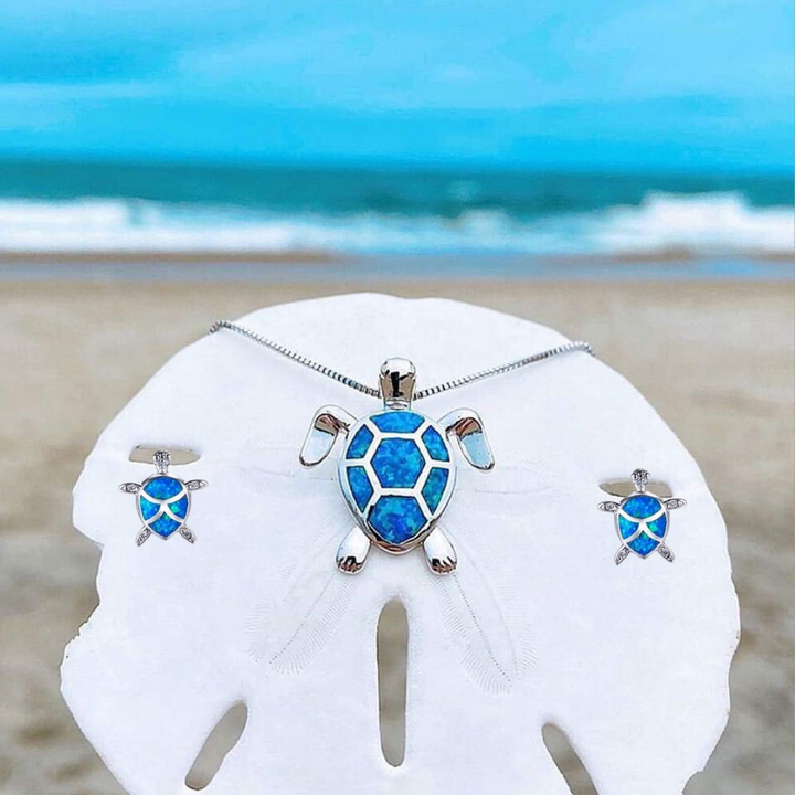 Exclusive Opal & Silver Sea Turtle Necklace and Earring Set