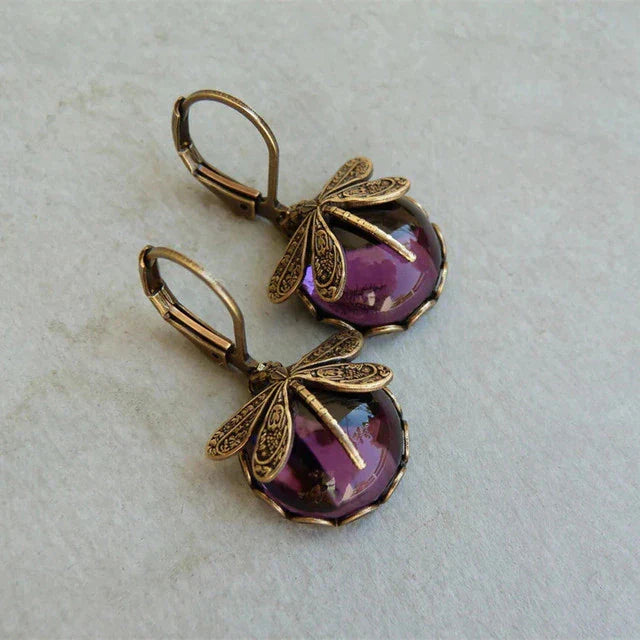 Antique Gold Dragonfly Crystal Earrings