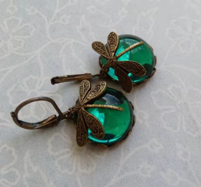 Antique Gold Dragonfly Crystal Earrings